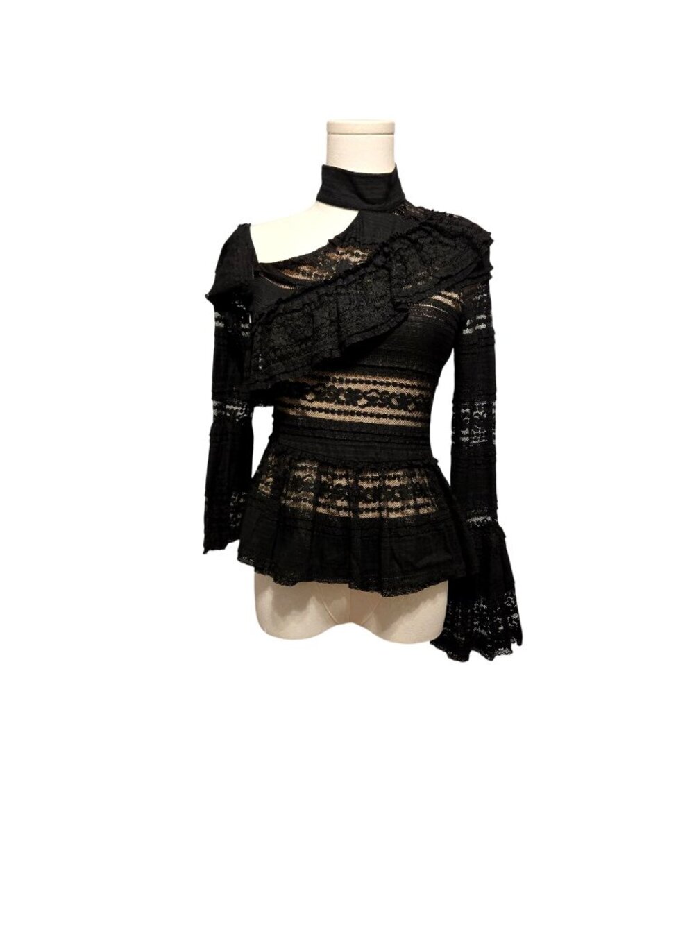 Parker Nicola High Neck Black Lace Bell Sleeve Off the Shoulder Blouse Size XS
